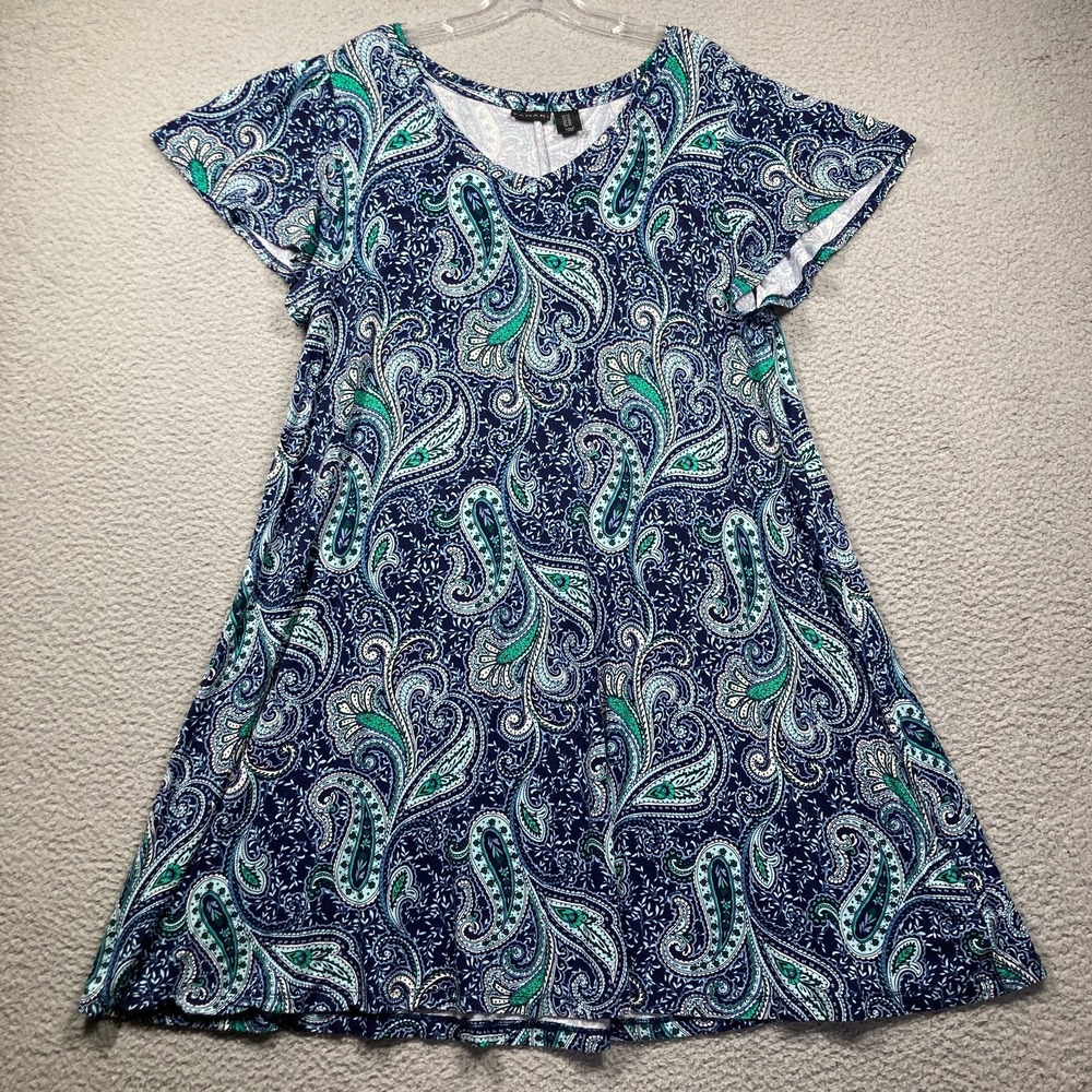 Tahari Dress Plus  1X Blue Paisley Knee T Shirt Soft‎ Flowy Loose Boho Cottage